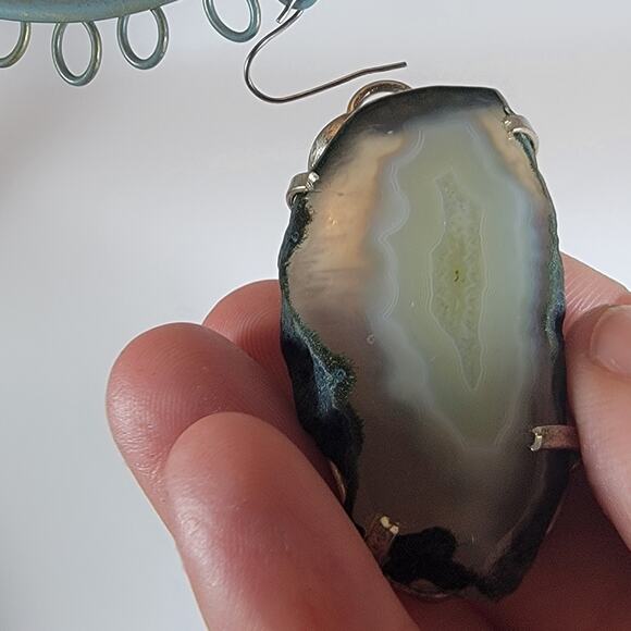 Green Agate Stalactite Pendant – Raw Slice Necklace + 20" Silver Snake Chain - Picture 9 of 10